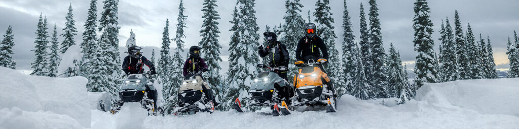 4 snowmobile riders on an outlook of snow with snow-covered pine trees behind them